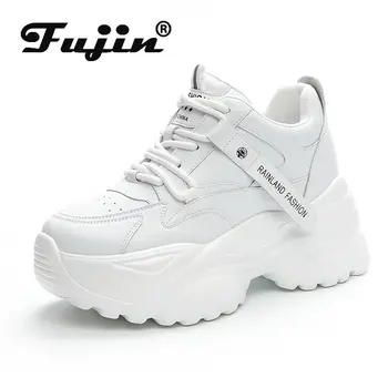 Fujin 5.5 cm de Couro Genuíno Plataforma Sapatos de Cunha Robusto Tênis Branco Preto Casual Sapatos Confortáveis e Respirável Primavera, Outono