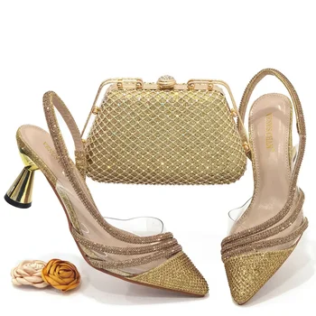 GoldenColor de Luxo Cheio de Strass Festa de Moda das Mulheres de Salto Alto Elegante Noite, Chinelos de quarto Festa de Casamento Sapatos e Bolsa Conjunto