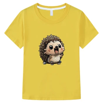 Ouriço Kawaii Gráfico de Impressão de T-camisa Casual Manga Curta 100% Algodão T-shirt Meninos e Meninas Macio e Confortável Tees Crianças