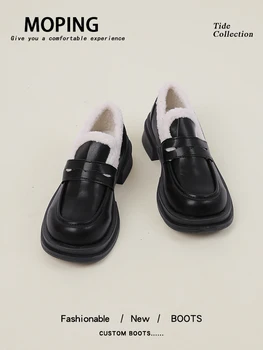 Sapatos de Mulher 2023 Tamancos de Plataforma Dedo do pé Redondo Estilo Britânico Oxfords Mocassins de Pele de Deslizamento em Nova Trepadeiras Mauricinho de Couro Escorregar No Inverno H
