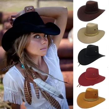 Vintage Ocidental Chapéu de Cowboy Para Homens Cavalheiro-Dama do Jazz Cowgirl Com Couro de Aba Larga Cloche Igreja Sombrero Hombre Caps