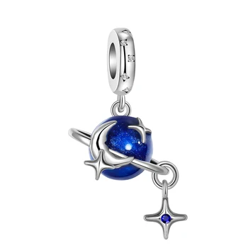 Prata 925 esterlina de azul, terra, lua, estrelas boutique pingente de ajuste de pandora pulseira original charme contas de colar de Diy feminino jóias